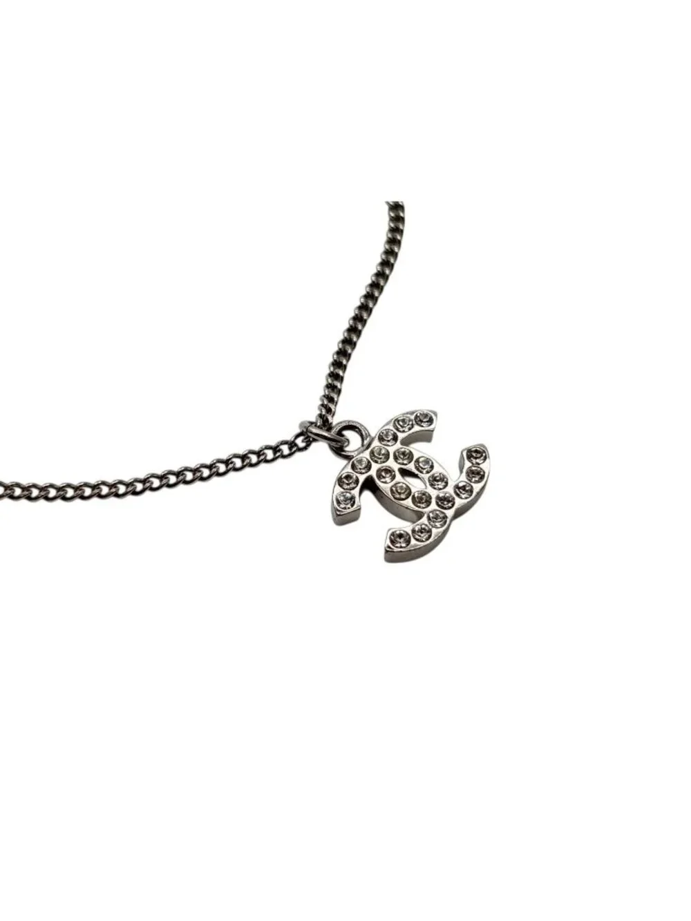 Chanel CC Logo Necklace 11 44 Rhinestone Metal Clear Silver